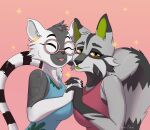 absurd_res animal_ear_fluff animal_ears anthro anthro_on_anthro bare_shoulders big_breasts black_nose breasts canid canine canis cho-tan claws clothed clothing duo eyelashes eyes_closed eyewear female female/female fur glasses green_eyes grey_body hair hand_holding hands_together happy hi_res huge_filesize interlocked_fingers interspecies lemur looking_at_viewer mammal multicolored_body multicolored_fur multicolored_hair open_mouth pink_background primate romantic romantic_couple simple_background sleeveless_clothing sleeveless_shirt smile standing strepsirrhine tail two_tone_hair upper_body white_body white_fur wolf wolf_ears wolf_tail