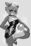  1girl animal_ears artist_self-insert bare_shoulders blunt_bangs breasts choker cleavage dress eyeshadow flats furry furry_female green_eyes greyscale hair_ornament hand_on_own_hip hand_on_own_knee heart heart_hair_ornament highres krekkball krekkov large_breasts latex latex_dress leg_lift licking_thigh looking_at_viewer makeup microdress monochrome nuwa_nightstone original panda_ears panda_girl panda_tail short_hair snout spot_color standing standing_on_one_leg strapless strapless_dress sweat thick_thighs thighs tongue tongue_out two-tone_fur two_side_up variant_set 