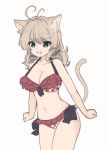  1girl :d animal_ears antenna_hair bangs bare_arms bare_shoulders bikini black_bow blush bow bow_bikini breasts brown_background cat_ears cat_girl cat_tail cleavage collarbone eyebrows_visible_through_hair fang frilled_bikini frills green_eyes green_scrunchie hair_between_eyes hair_ornament hair_scrunchie halter_top halterneck large_breasts light_brown_hair long_hair low_twintails natsuki_teru navel nekomiya_ryuu open_mouth original red_bikini scrunchie short_twintails simple_background smile solo swimsuit tail tail_raised twintails v-shaped_eyebrows 