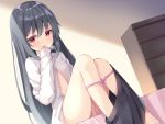  1girl between_legs black_hair black_skirt blush commentary_request dress_shirt hand_between_legs hand_to_own_mouth implied_masturbation indoors long_hair looking_away ominaeshi_(takenoko) open_clothes open_mouth open_shirt original panties panty_pull pink_panties red_eyes shirt sitting skirt skirt_pull solo underwear white_shirt 
