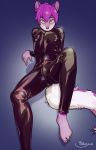  absurd_res altair_(funorbking) anthro balls barefoot blush bodysuit bulge canid canine clothed clothing fluffy fluffy_tail fur girly hair hi_res looking_at_viewer looking_up male mammal nipples purple_eyes purple_hair reclining rubber short_hair simple_background skinsuit smile solo tight_clothing yildunstar 