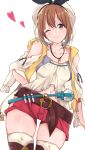 1girl atelier_(series) atelier_ryza belt brown_eyes brown_hair closed_mouth collarbone cowboy_shot harusame_(moyuna412) heart highres jewelry looking_at_viewer navel necklace one_eye_closed red_shorts reisalin_stout shiny shiny_skin shirt short_hair short_shorts shorts simple_background smile solo standing thighhighs thighs white_background white_headwear white_shirt 