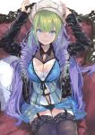  1girl adjusting_clothes adjusting_hat arms_up bangs black_jacket blue_eyes blue_hair breasts bustier chair cleavage commentary drill_hair garter_straps gradient_hair green_hair hand_on_headwear hat highres jacket kiriyama lingerie long_hair looking_at_viewer multicolored_hair open_clothes open_jacket original pillow purple_hair sitting smile solo thighhighs translated twin_drills underwear very_long_hair white_headwear zettai_ryouiki 