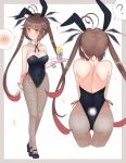  1girl alternate_costume animal_ears antenna_hair bangs black_footwear black_leotard breasts brown_hair bunny_ears bunny_girl bunny_tail bunnysuit collarbone commentary eyebrows_visible_through_hair finesoda fishnet_pantyhose fishnets girls_frontline highres leotard long_hair m14_(girls_frontline) multicolored_hair multiple_views pantyhose red_hair tail twintails two-tone_hair wrist_cuffs yellow_eyes 