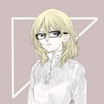  1girl anmitsu_sd bangs blonde_hair blue_eyes eyebrows_visible_through_hair girls_und_panzer glasses hair_behind_ear highres light_frown long_sleeves looking_at_viewer medium_hair messy_hair oshida_(girls_und_panzer) pink_lips shirt simple_background solo unbuttoned unbuttoned_shirt white_shirt 