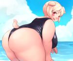  akitaka anthro big_breasts big_butt black_clothing black_swimwear blue_sky blush breasts butt clothing cloud day domestic_pig female hair hi_res looking_at_viewer looking_back mammal one-piece_swimsuit open_mouth overweight overweight_female pink_body pink_hair pink_tongue short_hair sky suid suina sus_(pig) swimwear thick_thighs tongue voluptuous water 