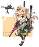  1girl blush brown_hair dog_tags double_bun drone eyebrows_visible_through_hair eyewear_on_head fatkewell girls_frontline green_eyes gun hair_between_eyes highres holding holding_gun holding_weapon knee_pads long_hair open_mouth rfb_(girls_frontline) rifle simple_background solo thigh_strap weapon 