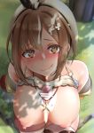  1girl :q absurdres andouyu atelier_(series) atelier_ryza bar_censor bare_shoulders blush breasts brown_eyes brown_hair censored collarbone cum cum_on_body cum_on_breasts cum_on_hair cum_on_upper_body eyebrows_visible_through_hair facial from_above grass hair_ornament hairclip hat highres jewelry large_breasts looking_at_viewer naughty_face necklace nipples paizuri penis reisalin_stout short_hair smile solo_focus star thighhighs tongue tongue_out white_headwear white_legwear 