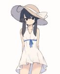  1girl arms_behind_back bangs bare_shoulders black_eyes black_hair blue_ribbon brown_background brown_headwear closed_mouth collarbone dress eyebrows_visible_through_hair hair_between_eyes hat long_hair natsuki_teru original ribbon shikibe_ayaka sidelocks simple_background sleeveless sleeveless_dress solo sun_hat white_dress 