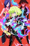  3boys black_gloves black_jacket blonde_hair blue_hair cravat fire gloves green_hair gueira hair_over_one_eye half_gloves highres jacket lio_fotia long_hair mad_burnish male_focus marino_(oyasumi) meis_(promare) multiple_boys outstretched_hand promare purple_eyes shirt smile tank_top 