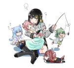  5girls aged_down aketa_mikoto animal_ears apron baby baby_carry bags_under_eyes black_hair blonde_hair blue_hair boots bottle brown_hair carrying cat_ears cat_tail cat_teaser child cometik_(idolmaster) detached_sleeves dog_ears dog_tail green_hair grey_shirt guamolip_inaho highres holding holding_bottle holding_cat_teaser idolmaster idolmaster_shiny_colors ikaruga_luca ikuta_haruki indian_style jumping kemonomimi_mode knee_boots kneeling looking_at_viewer lying multicolored_hair multiple_girls nanakusa_nichika on_stomach pink_hair shirt sitting squeans streaked_hair suzuki_hana tail two-tone_hair white_apron 