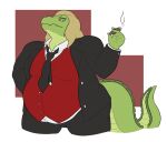 2018 5_fingers alligator alligatorid anthro arms_bent belly big_belly black_bottomwear black_clothing black_necktie black_pants black_suit blonde_eyebrows blonde_hair bottomwear breasts button_(fastener) cigar cigar_smoke clothed clothing crocodilian digital_drawing_(artwork) digital_media_(artwork) english_description eyebrows fangs female female_anthro fingers flat_colors fully_clothed fully_clothed_anthro fully_clothed_female green_body green_scales green_scutes hair head_tilt hi_res holding_cigar holding_object jezebel_(prenard) long_hair long_tail multicolored_body multicolored_scales necktie non-mammal_breasts obese obese_anthro obese_female open_suit overweight overweight_anthro overweight_female pants portrait pupils red_clothing red_topwear red_vest reptile scales scalie scutes simple_background slit_pupils smoke solo standing suit tail tail_ridge teeth theannoyingnpc thick_thighs three-quarter_portrait topwear two_tone_body two_tone_scales two_tone_tail vest white_dress_shirt yellow_eyes