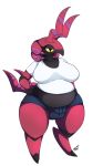  2019 absurd_res anthro arthropod belly big_breasts bottomwear breasts bulge clothing dickgirl hi_res intersex looking_at_viewer myriapod nintendo overweight pok&eacute;mon pok&eacute;mon_(species) scolipede shirt shorts slightly_chubby solo standing_tough t-shirt thick_thighs topwear video_games yellow_eyes 