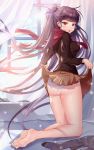  1girl absurdly_long_hair ass bare_legs barefoot black_shirt breasts brown_skirt chang_(user_rpea4874) curtains feet floating_hair flower frown girls_frontline hair_ornament highres legwear_removed long_hair long_sleeves looking_at_viewer medium_breasts miniskirt one_side_up open_mouth panties pleated_skirt purple_hair red_eyes red_scarf scarf see-through shirt skirt skirt_lift solo sweat thighs toes underwear very_long_hair wa2000_(girls_frontline) white_panties window 