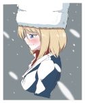  1girl bangs blonde_hair blue_eyes blue_jacket blush closed_mouth commentary cropped_torso enikuma eyebrows_visible_through_hair fang from_side fur_hat girls_und_panzer half-closed_eyes hat highres jacket katyusha long_hair portrait red_shirt shirt short_hair skin_fang skindentation smile snow ushanka white_headwear 