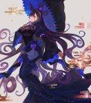  bag bangs black_dress breasts calligraphy_brush double_bun dress fate/grand_order fate_(series) flower frilled_umbrella frills full_body hair_between_eyes hair_ornament handbag holding holding_umbrella large_breasts long_hair looking_at_viewer murasaki_shikibu_(fate) my-cooma paintbrush puffy_sleeves purple_eyes simple_background two_side_up umbrella very_long_hair wisteria 
