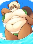  ? akitaka big_breasts blue_sky blush breasts brown_fur canid canine clothed clothing cloud day dipstick_ears dipstick_tail eyebrow_through_hair eyebrows female fur hair hand_behind_head hi_res leaf looking_down low-angle_view mammal multicolored_ears multicolored_fur multicolored_tail navel nipple_outline outside overweight overweight_female partially_submerged raccoon_dog skimpy sky solo standing tan_fur tan_hair tanuki translucent translucent_hair voluptuous water 