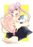  1girl ashigei_shoujo_komura-san barefoot bike_shorts blue_eyes blush eyebrows_visible_through_hair feet hair_bun highres komurai_komura leafar long_hair looking_at_viewer no_shoes open_mouth pink_hair pov_feet school_uniform serafuku soles toes twintails 