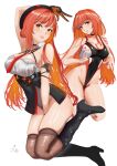  1girl absurdres bare_shoulders black_thighhighs blush breasts brown_gloves cleavage gloves goddess_of_victory:_nikke grin highres long_hair looking_at_viewer multicolored_hair multiple_views one-piece_swimsuit orange_hair ramuneogura rapi_(classic_vacation)_(nikke) rapi_(nikke) rapi_(red_hood)_(nikke) red_eyes red_hair simple_background smile swimsuit thighhighs two-tone_hair white_background 
