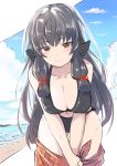  1girl absurdres bikini black_bikini black_hair blue_sky breasts cleavage cloud collarbone cowboy_shot dyson_(edaokunnsaikouya) eyebrows_visible_through_hair hair_ribbon highres isokaze_(kantai_collection) kantai_collection leaning_forward long_hair looking_at_viewer medium_breasts orange_sarong red_eyes ribbon sarong sarong_removed sky smile solo swimsuit tress_ribbon 