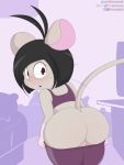  black_hair blush brown_eyes brown_nose butt clothed clothing dashboom eyelashes female freckles fur grey_fur hair hi_res looking_back mammal michelle_(dashboom) mouse murid murine open_mouth pants_down partially_clothed pillow pink_nose pussy rear_view rodent thin_tail watermark whiskers yoga_pants 