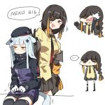  ... 2girls anger_vein animal_ears armband bangs beret black_hair black_headwear blonde_hair braid cat_ears cat_tail collared_shirt eyepatch facial_mark girls_frontline gloves hat hk416_(girls_frontline) jacket long_hair long_sleeves m16a1_(girls_frontline) multicolored_hair multiple_girls necktie open_mouth paws shirt silver_hair simple_background skirt spoken_ellipsis streaked_hair tail white_background yellow_eyes zocehuy 