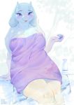  alcohol anthro aruurara beverage blush breasts eyelashes female hi_res holding_cup holding_object light lighting looking_at_viewer partially_submerged purple_eyes sake sitting solo tongue tongue_out toriel towel towel_only undertale video_games water 