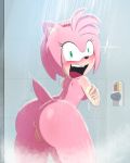  amy_rose anus back_boob bath bathroom blush breasts butt cartoonsaur green_eyes looking_back mammal nude open_mouth portrait pussy shower sonic_(series) surprise thick_thighs three-quarter_portrait 