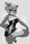  1girl animal_ears bare_shoulders blunt_bangs breasts choker cleavage dress eyeshadow flats furry furry_female green_eyes greyscale hair_ornament hand_on_own_hip hand_on_own_knee heart heart_hair_ornament highres krekkov large_breasts latex latex_dress leg_lift looking_at_viewer makeup microdress monochrome nuwa_nightstone original panda_ears panda_girl panda_tail short_hair snout solo spot_color standing standing_on_one_leg strapless strapless_dress sweat thick_thighs thighs two-tone_fur two_side_up 