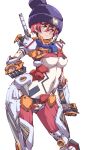  amate_yuzuriha beanie blush bodysuit closed_mouth gundam gundam_gquuuuuux hat highres looking_at_viewer mecha_musume mecha_pilot_suit multicolored_bodysuit navel normal_suit red_hair rx-78-2 science_fiction short_hair skin_tight smile white_background yazawa_mana yazawa_mana_jk 