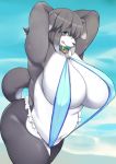  &lt;3 &lt;3_eyes akitaka anthro big_breasts bikini black_nose blue_clothing blue_swimwear blush breasts canid canine canis clothing collar day dipstick_ears domestic_dog eyebrow_through_hair eyebrows female frilly fur grey_fur grey_hair hair hands_behind_head hi_res kemono looking_at_viewer mammal mature_female multicolored_ears navel nipple_outline pink_tongue raised_arm slightly_chubby sling_bikini solo swimwear tongue tongue_out translucent translucent_hair voluptuous water white_fur 