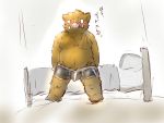  2019 4:3 anthro bed blush brown_fur bulge clothing fur humanoid_hands japanese_text male mammal ryuutoudabi solo suid suina sus_(pig) text underwear wild_boar 