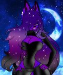  3_fingers anthro breasts detailed_background female fur hair hair_over_eye hi_res light looking_at_viewer luna_(disambiguation) moonlight purple_eyes purple_fur purple_hair solo space 