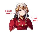  1girl blush braid breasts closed_mouth commentary conope crown double_bun dress earrings edelgard_von_hresvelgr_(fire_emblem) english_commentary english_text fire_emblem fire_emblem:_fuukasetsugetsu gold_trim hair_ornament horn_ornament horns jewelry lips looking_at_viewer medium_breasts older ornament purple_eyes red_dress serious short_hair signature simple_background solo white_background white_hair 