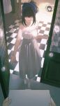  2girls absurdres animal_slippers aozaki_aoko bandana blue_bandana box breasts brown_hair bunny_slippers checkered_floor closed_eyes commentary dress full_body hair_intakes highres holding holding_box kuonji_alice large_breasts mahou_tsukai_no_yoru motion_lines multiple_girls open_door open_mouth pov reaching reaching_towards_viewer sidelocks slippers smile spoken_character standing symbol-only_commentary trembling white_dress yuishironeko 