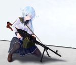  1girl absurdres bipod black_legwear black_skirt blue_eyes brown_legwear full_body gun hair_between_eyes hibiki_(kantai_collection) highres holding holding_gun holding_weapon jacket kantai_collection loafers long_hair long_sleeves m134 machine_gun pkm pleated_skirt remodel_(kantai_collection) shoes silver_hair skirt solo verniy_(kantai_collection) weapon white_jacket 