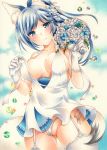  1girl animal_ear_fluff animal_ears ass_visible_through_thighs azur_lane blue_eyes blue_flower blue_hair blue_sky blush breasts cloud collarbone covered_nipples dress extra_ears eyebrows_visible_through_hair flower gloves highres jintsuu_(azur_lane) large_breasts looking_at_viewer marker_(medium) panties parted_lips ponytail sky tail traditional_media underwear white_dress white_flower white_gloves white_legwear white_panties yoruoujito-tsukinohime 