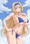  1girl bikini blonde_hair blue_bikini blue_eyes blue_hairband blue_sky blush breasts cecilia_alcott cleavage closed_mouth curly_hair drill_hair hairband huge_breasts infinite_stratos long_hair looking_at_viewer navel outdoors ozaneko shiny shiny_clothes shiny_hair shiny_skin side-tie_bikini skindentation sky smile solo standing swimsuit underboob 