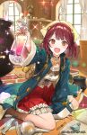  1girl absurdres ahoge arm_support atelier_(series) atelier_resleriana atelier_sophie blue_coat book book_stack brown_footwear cauldron coat commentary_request copyright_notice full_body ginka_sima highres holding_potion jewelry long_sleeves looking_at_viewer messy_room necklace official_art open_book open_clothes open_coat open_mouth red_eyes red_hair red_skirt shirt short_hair sitting skirt smile solo sophie_neuenmuller sparkle wariza white_shirt 