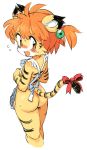  2014 anthro apron apron_only blush bodily_fluids butt clothing felid female hair looking_back mammal mostly_nude open_mouth orange_eyes orange_hair oyatsu pantherine ribbons simple_background solo stripes sweat tail_bow tail_ribbon tiger white_background 