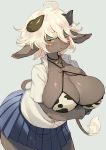  2019 ahoge anthro big_breasts black_fur blush bodily_fluids bottomwear bovid bovine breasts cattle cleavage clothed clothing female fur hair holding_breast horn jewelry kishibe leaning leaning_forward mammal necklace open_shirt portrait short_hair skirt solo standing sweat tail_tuft three-quarter_portrait tuft white_hair yellow_eyes 
