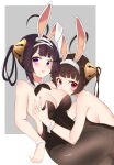  2girls absurdres ahoge alternate_costume animal_ears ayuko_(mochiayuko) azur_lane bangs bare_shoulders blunt_bangs blush breast_grab breasts brown_hair bunny_ears bunnysuit cleavage commentary_request detached_collar grabbing hair_rings head_on_chest highres leotard looking_at_viewer multiple_girls ning_hai_(azur_lane) ping_hai_(azur_lane) purple_eyes red_eyes siblings sidelocks sisters sleeveless wrist_cuffs 