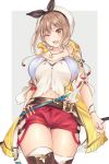  1girl ;d arm_behind_back atelier_(series) atelier_ryza belt blush breasts brown_eyes brown_hair brown_legwear eyebrows_visible_through_hair grey_background hair_ornament hairclip hat jewelry kyarotto_(zenkixd) large_breasts midriff navel necklace one_eye_closed open_mouth red_shorts reisalin_stout short_hair short_shorts shorts smile solo standing star teeth thighhighs thighs upper_teeth white_headwear white_legwear 