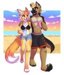  2017 5_fingers anthro beach black_pawpads breasts brown_fur canid canine canis citrinelle clothed clothing day detailed_background digital_media_(artwork) domestic_cat domestic_dog duo eyelashes felid feline felis female fur german_shepherd herding_dog hi_res male male/female mammal open_mouth outside pastoral_dog pawpads pink_nose seaside smile teeth tongue topless yellow_fur 