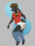  anthro biped character_request clothed clothing diaper digital_media_(artwork) feces fur hair hi_res lagomorph leporid looking_back male mammal messy_diaper pants_down partially_clothed pooping rabbit rear_view scat simple_background smallcircles soiling soiling_diaper solo standing 