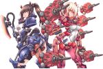  2girls ass black_hair blonde_hair blush breasts fin_funnels gundam gundam_gquuuuuux hair_ribbon heat_hawk highres inoue_takina leotard long_hair looking_at_viewer lycoris_recoil multiple_girls nishikigi_chisato open_mouth purple_eyes red_eyes red_ribbon ribbon short_hair smile twintails weapon yazawa_mana zaku 