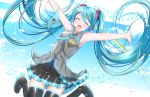  1girl :d ^_^ aqua_hair aqua_neckwear armpits bare_shoulders beamed_eighth_notes beamed_sixteenth_notes belt black_skirt blue_sky blush closed_eyes cloud cloudy_sky detached_sleeves eighth_note grey_shirt hair_ornament hatsune_miku headset highres jumping legs_up long_hair musical_note necktie open_mouth outstretched_arms quarter_note rainbow shirt skirt sky sleeveless sleeveless_shirt smile solo staff_(music) star supo01 thighhighs twintails very_long_hair vocaloid zettai_ryouiki 