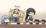  !? 5girls akagi_(kantai_collection) beret black_gloves black_hair blonde_hair blue_eyes blue_hair blue_shirt breast_pocket breasts choukai_(kantai_collection) collared_shirt commentary_request conveyor_belt dated disembodied_head food gambier_bay_(kantai_collection) glasses gloves hair_ornament hairband hamu_koutarou hat hatsukaze_(kantai_collection) headgear highres hime_cut kaga_(kantai_collection) kantai_collection large_breasts long_hair megahiyo_(style) midriff multiple_girls parody pocket remodel_(kantai_collection) rimless_eyewear shirt style_parody sushi translated twintails 