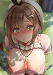  1girl :q absurdres andouyu atelier_(series) atelier_ryza bar_censor bare_shoulders blush breasts brown_eyes brown_hair censored collarbone eyebrows_visible_through_hair from_above grass hair_ornament hairclip hat highres jewelry large_breasts looking_at_viewer naughty_face necklace nipples reisalin_stout short_hair smile solo star thighhighs tongue tongue_out white_headwear white_legwear 