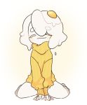  absurd_res bangs biped blush clothing egg eyes_closed female food food_creature goo_creature hair hi_res humanoid lemyawn noseless not_furry short_hair solo topwear turtleneck_sweater white_body yellow_clothing yellow_topwear 